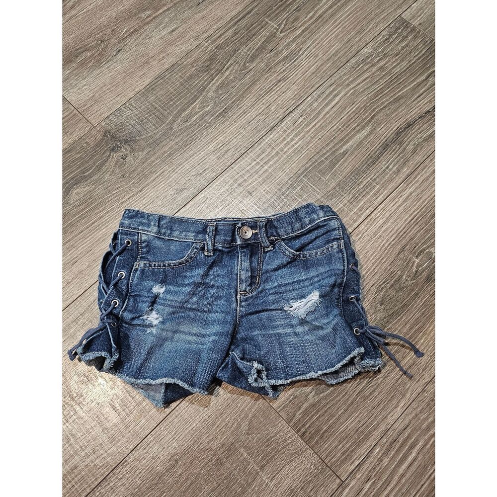 Girls Place Jeans Shorts Size 6/7 Dark Blue Distressed Denim Lace-Up Shorts